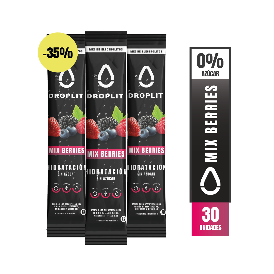 Droplit sabor Berries, electrolitos altos en sodio, potencia tu hidratación.