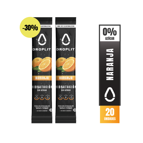 Droplit, electrolitos con sabor naranja, alto en sodio, potencia tu hidratación