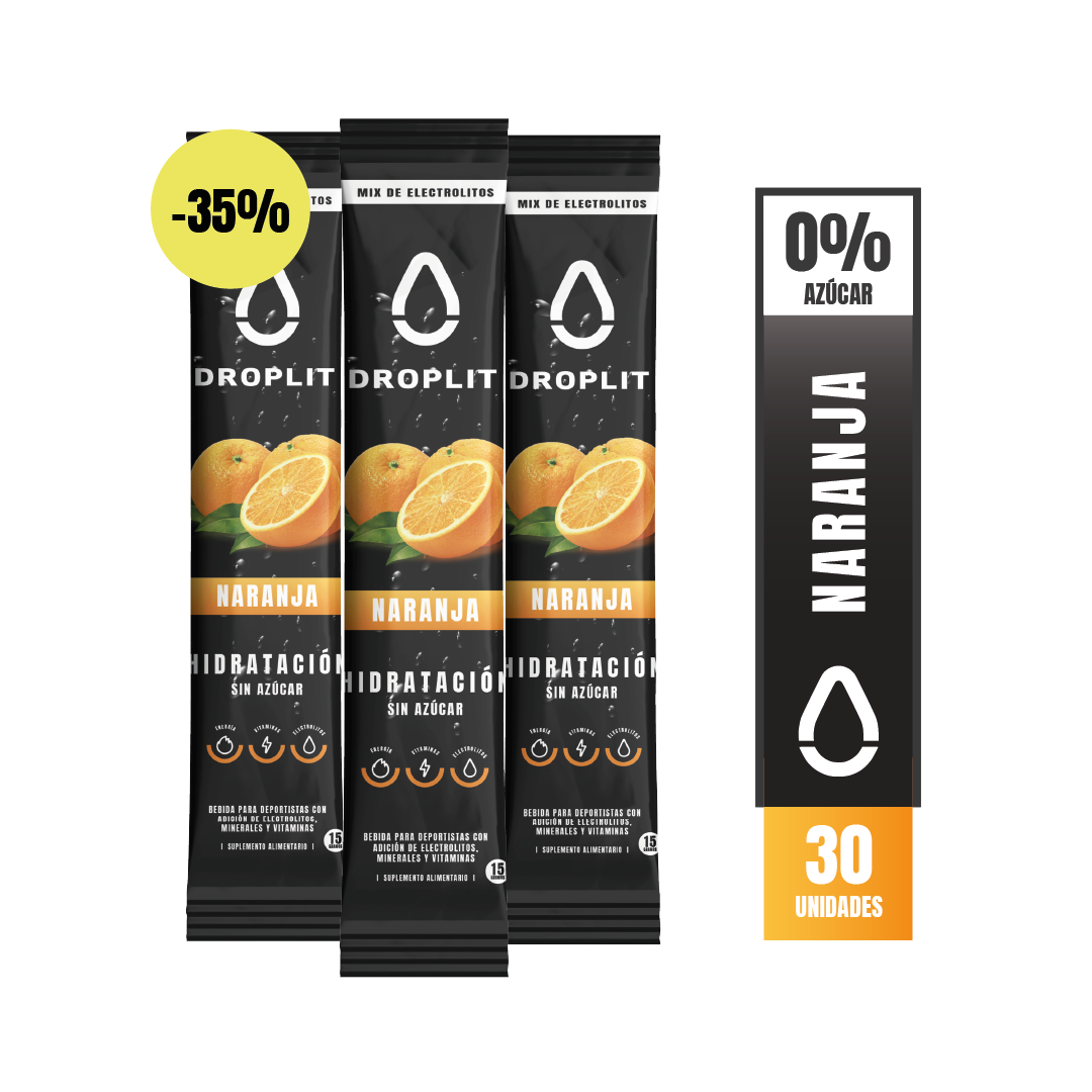 Droplit, electrolitos con sabor naranja, alto en sodio, potencia tu hidratación, vitaminas