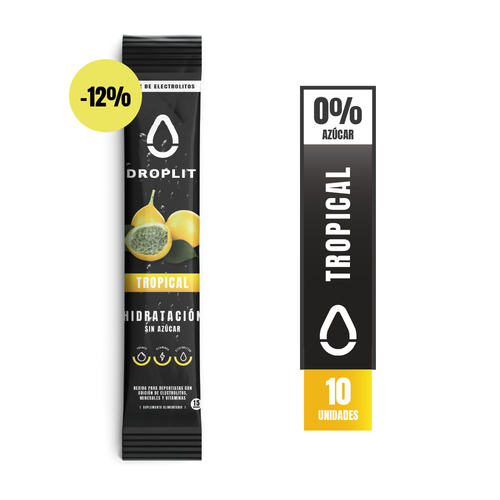 Droplit, bebida isotónica con electrolitos y sabor Tropical, alto en sodio, potencia tu hidratación, vitaminas.