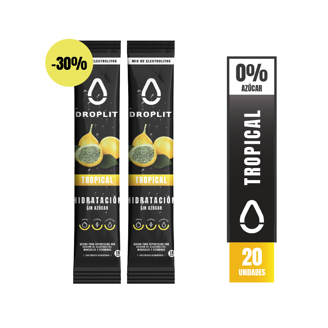 Droplit, bebida isotónica con electrolitos y sabor Tropical, alto en sodio, potencia tu hidratación, vitaminas.