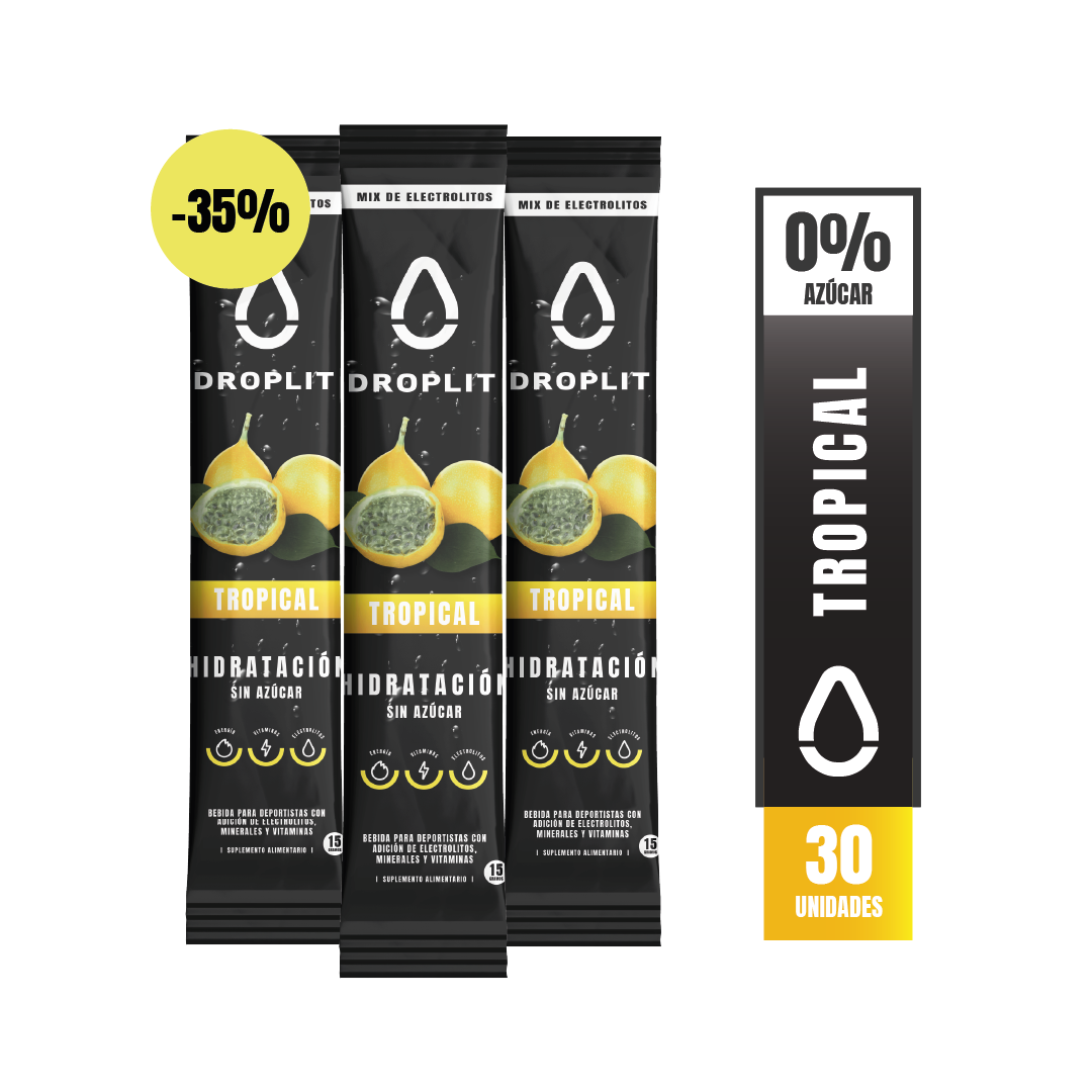 Droplit, electrolitos con sabor tropical, alto en sodio, potencia tu hidratación, vitaminas
