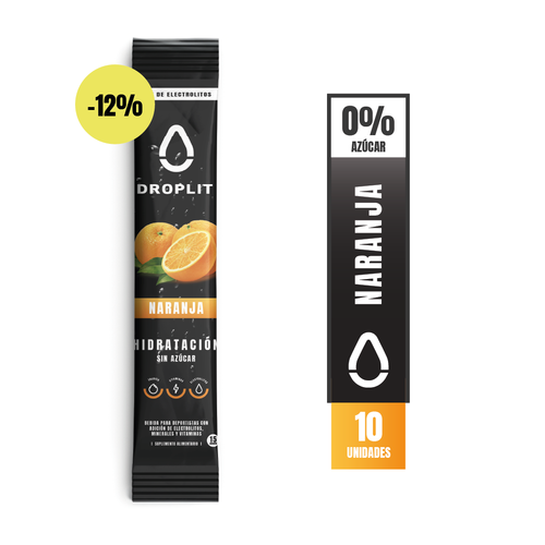 Droplit, electrolitos con sabor naranja, alto en sodio, potencia tu hidratación
